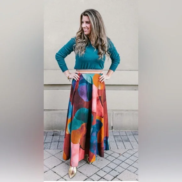 Oliphant Swing Art Teal Maxi Skirt Size M - Picture 2 of 5